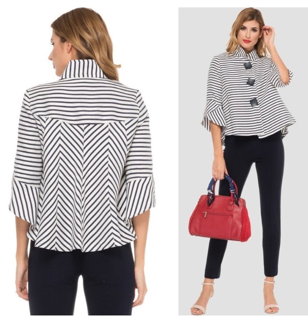 Joseph Ribkoff Navy and White Striped Tulip Sleeve Blazer sz 8